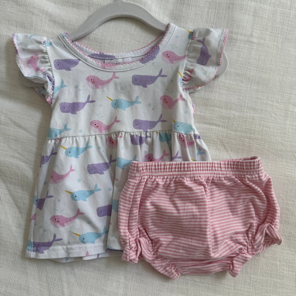 Stitchy Fish Baby‎ Girl Narwhal Whale Top and Striped Bloomers Set Pink Blue 6M